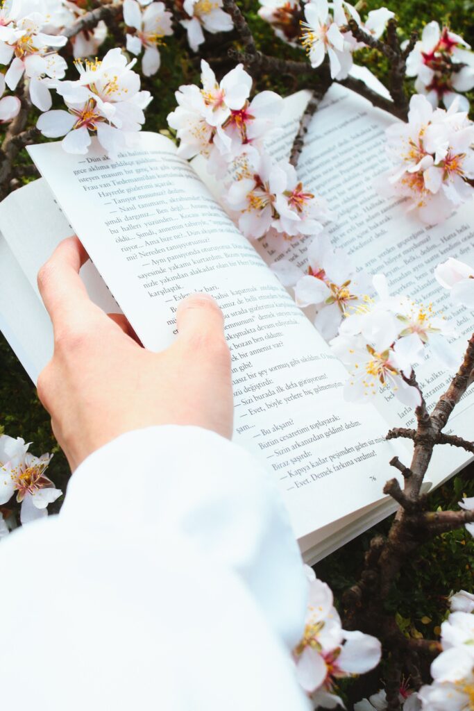 A hand holds an open book surrounded by blooming cherry blossoms, evoking a sense of spring serenity.